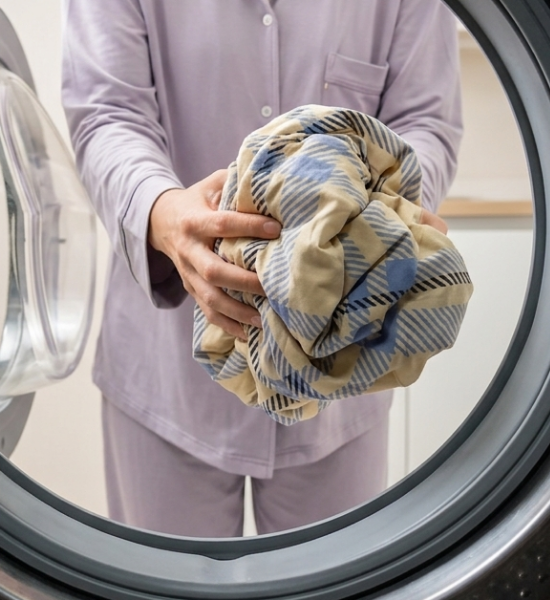 A model placing the travel seat cover and multi-use sheet into a washing machine.