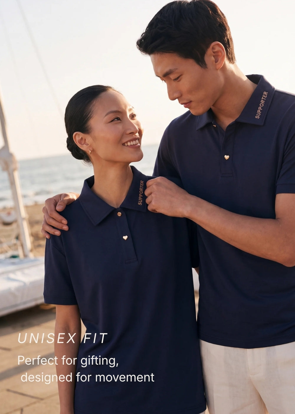 Unisex fit navy blue couple polo shirts with 'SUPPORTER' collar text and heart buttons, designed for movement and gifting