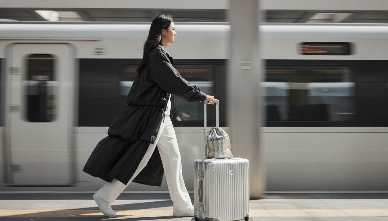 Woman with a suitcase walking on a platform with a train in the background
