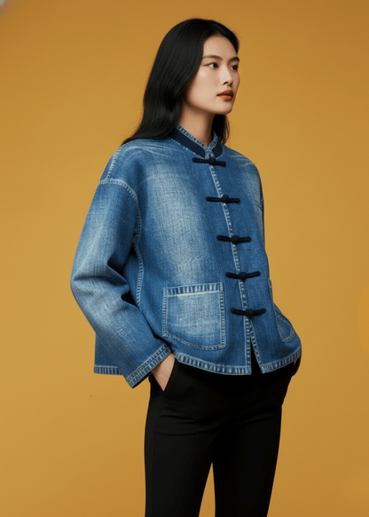 銀織滅毒 寬鬆中式外套 - 牛仔布紋