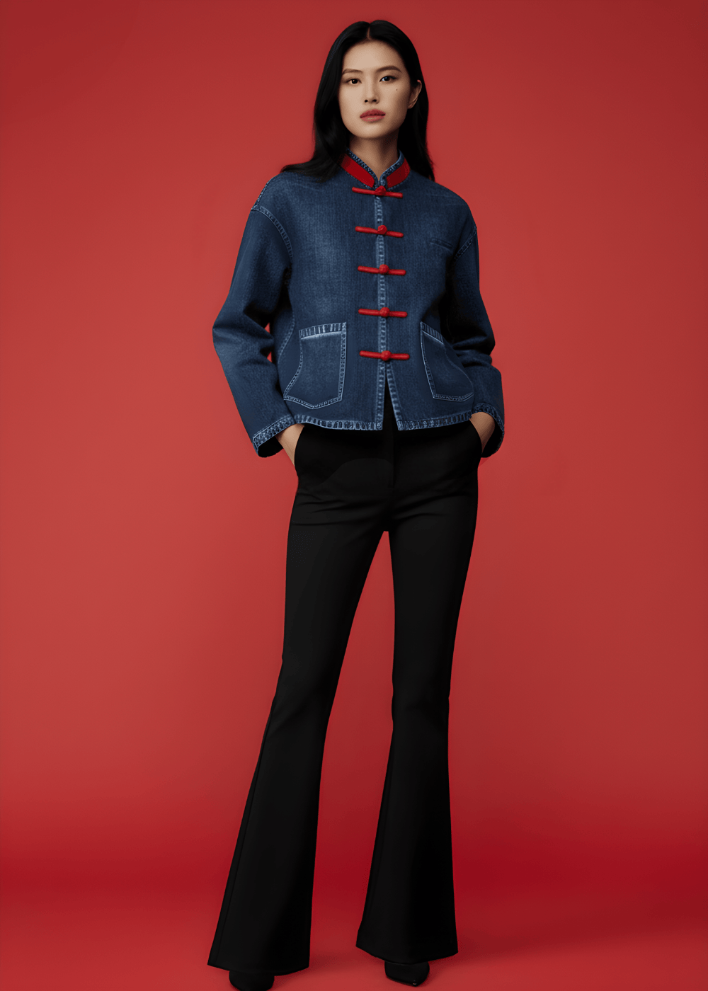 銀織滅毒 寬鬆中式外套 - 牛仔布紋