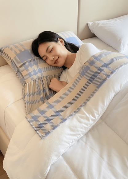 A woman sleeping on a hotel bed protected by the travel set's seat cover and multi-use sheet — showing hygiene and comfort while traveling.