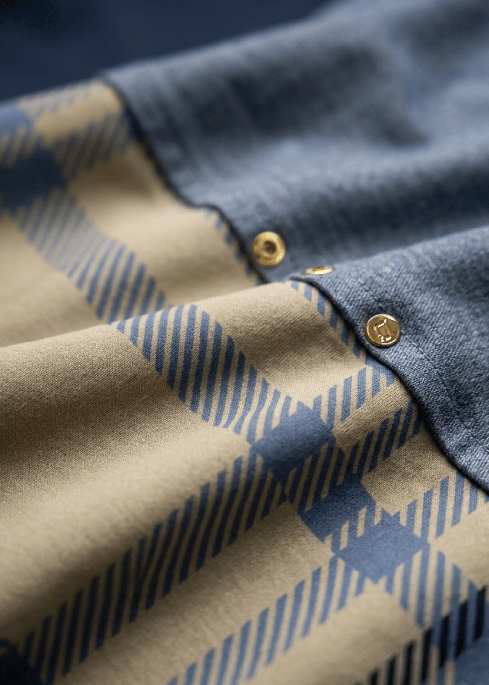 A fabric close-up of the patterned travel set in Harmony Plaid, highlighting the textile texture and plaid design.