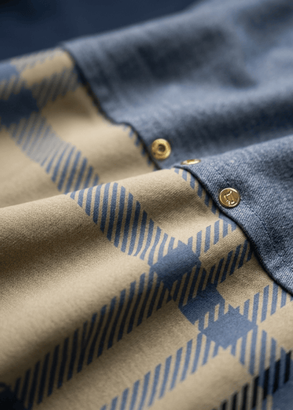 A fabric close-up of the patterned travel set in Harmony Plaid, highlighting the textile texture and plaid design.