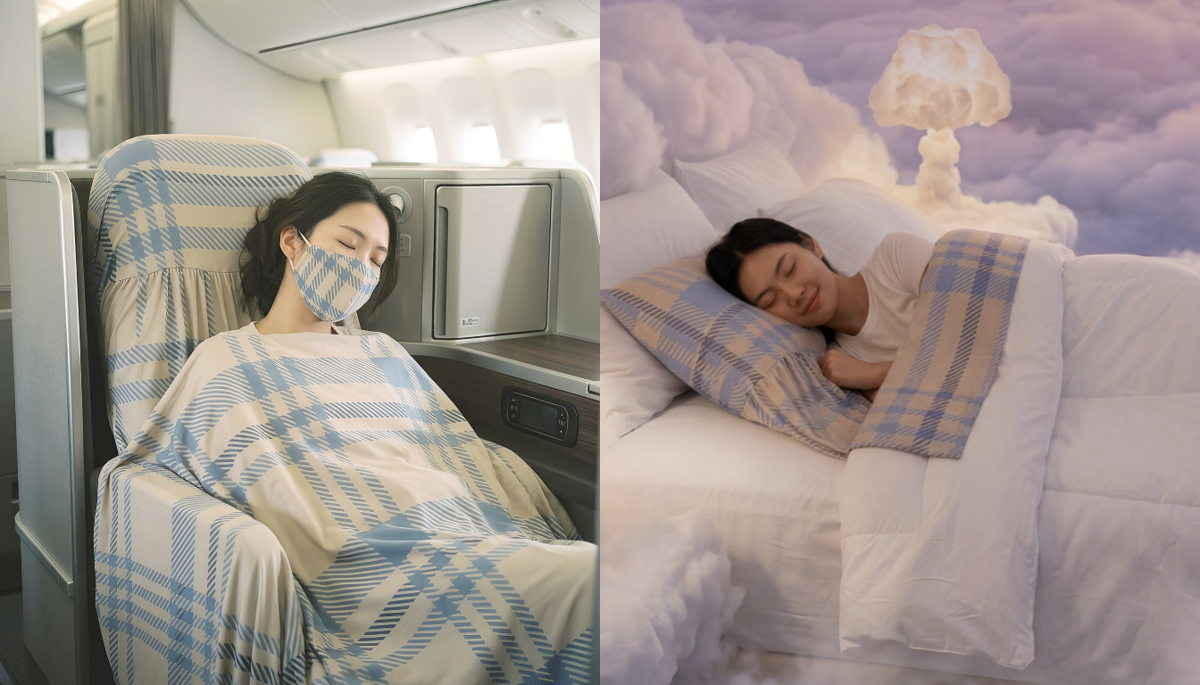 A model using the seat cover and multi-use sheet on an airplane and a hotel bed.