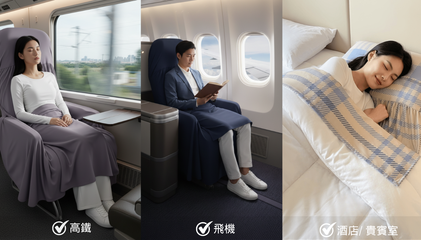 The travel set being used in three different scenarios — aboard a high-speed train, on an airplane, and on a hotel bed.